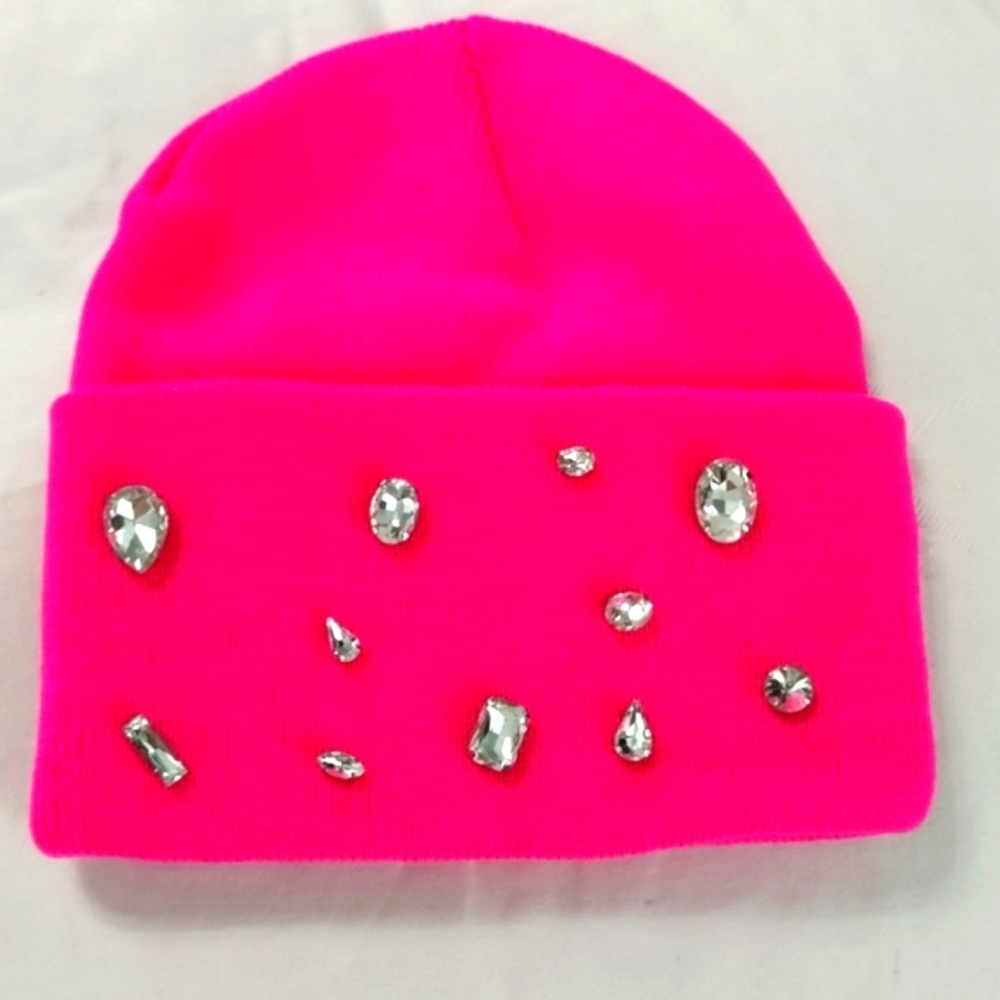 Neon pink rhinestone bling beanie